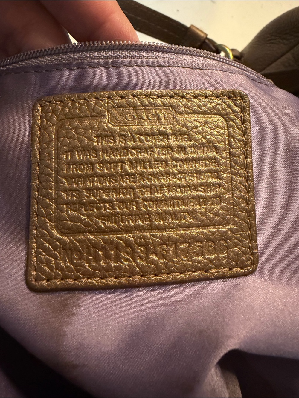 Coach Shoulder Bag with Gold Leather Patch and Light Purple Lining